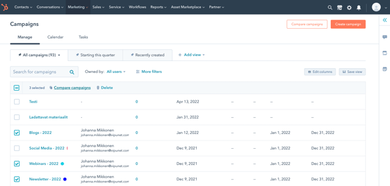 HubSpot kampanjatyökalu